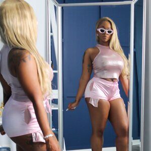 Pink Shimmer Ribbed Crop Tank & Shorts Set | Trendy Two Piece Summer Outfit